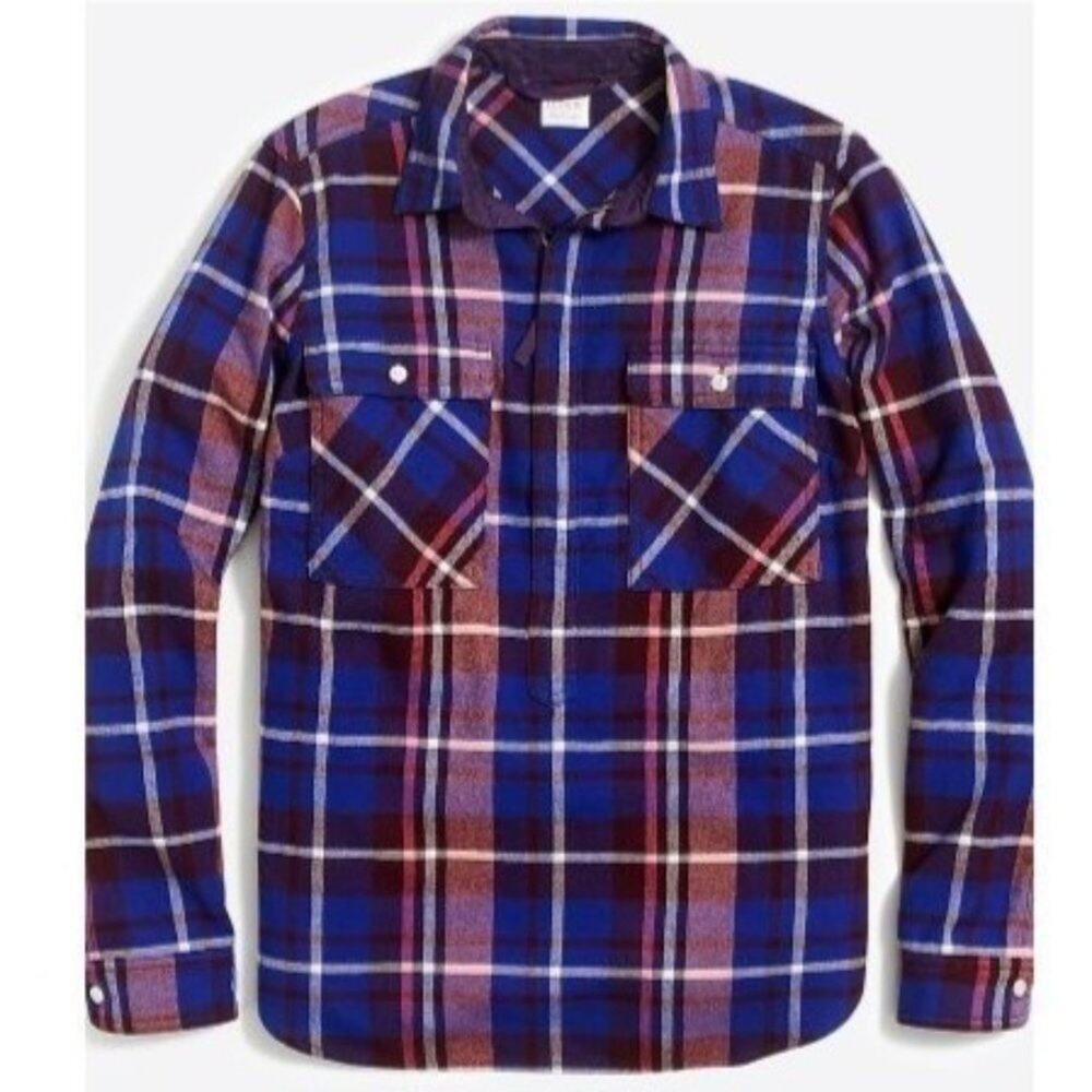 J. Crew Plaid Flannel Shirt Jacket Shacket Zip Cozy Fall Blue Red Women Sz XS